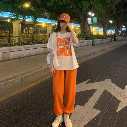 2PCS Women's Sports Suit Korean Version Loose T-shirt + Wide Leg Pants Two-piece Student Casual Suit