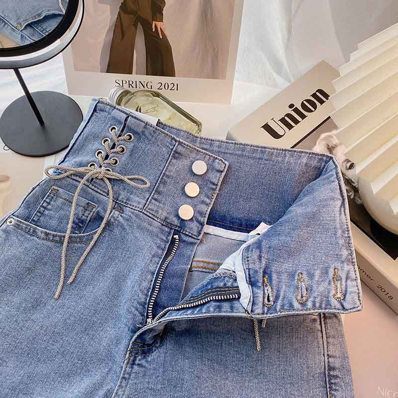 Large Size Jeans Women's Korean Version Three-button High-waist Straps Design Personality Wide-leg Pants