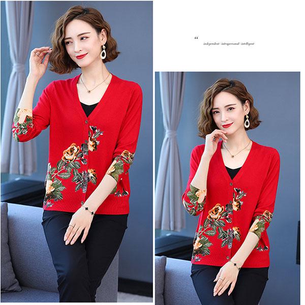 Autumn Winter Women's Knitted Sweater V-neck Printing Short Cardigan Knit Woolen Sweater Coat