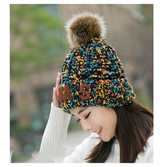 Women's Woolen Hats for Autumn and Winter Warm Knitted Hats Korean Style Student's Hats Leisure Trend Fur Ball Top Cap Female Thick Velvet Padded Hats