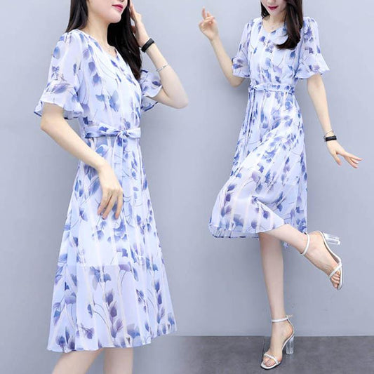 Pofulove Women V-neck Printed Chiffon Dress Mid-length A-line Dress Office Lady Dresses Below Knee