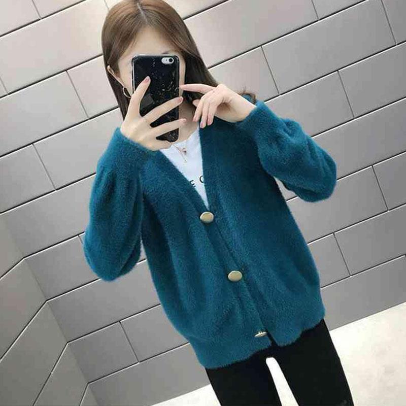 Autumn and Winter Mohair Knitted Jacket Cardigan Simple Casual Sweater Loose Long-sleeved Women's Top