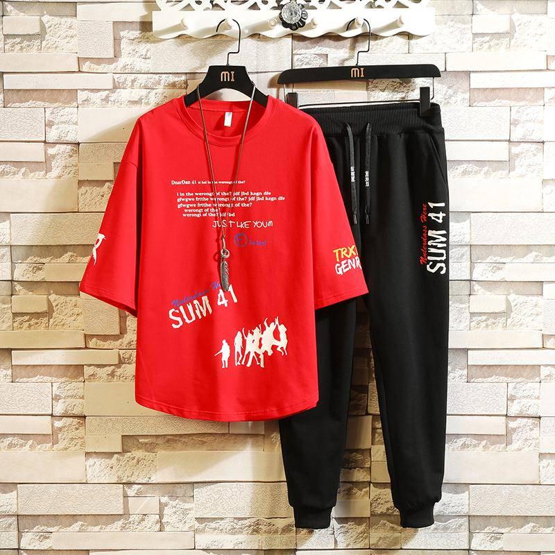 Men Casual Set Fashion 2 PCS Sweat Suit Short Sleeve T-shirt Sets Male Sportswear Summer Sportsuit