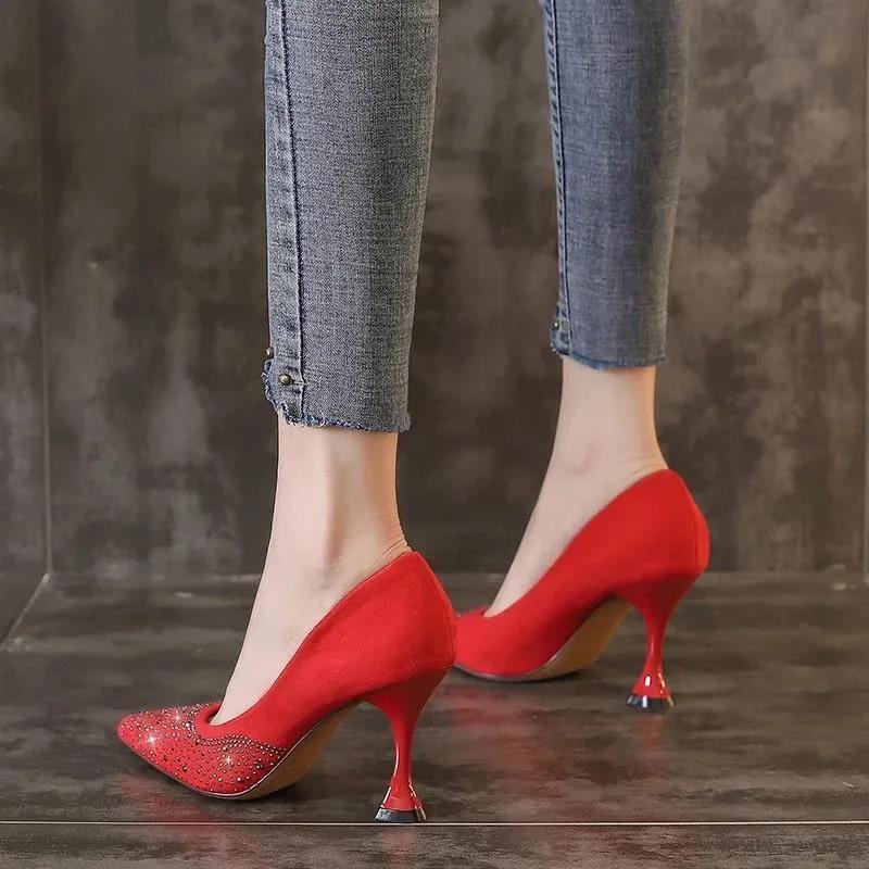 High Heels Female Pointed Toe Black Professional Job Small Fresh High Heels Female Stiletto Red Wedding Shoes