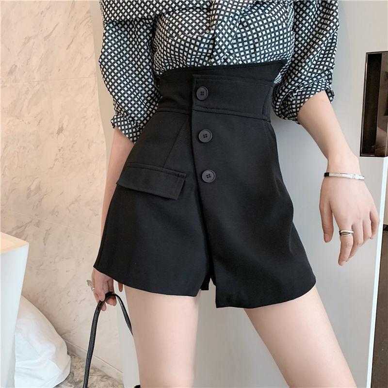 WTEMPO Button Solid Color Irregular Pants Shorts Women Spring and Summer High Waist Slimming Casual Loose A-line Wide-leg Pants