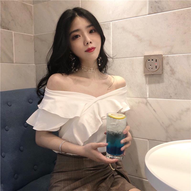 V-neck Top T-shirt Ruffled Comfortable Shirt Summer Korean Version Off Shoulder All-match Short-sleeved Tops Slim Thin Tops Women's Clothing