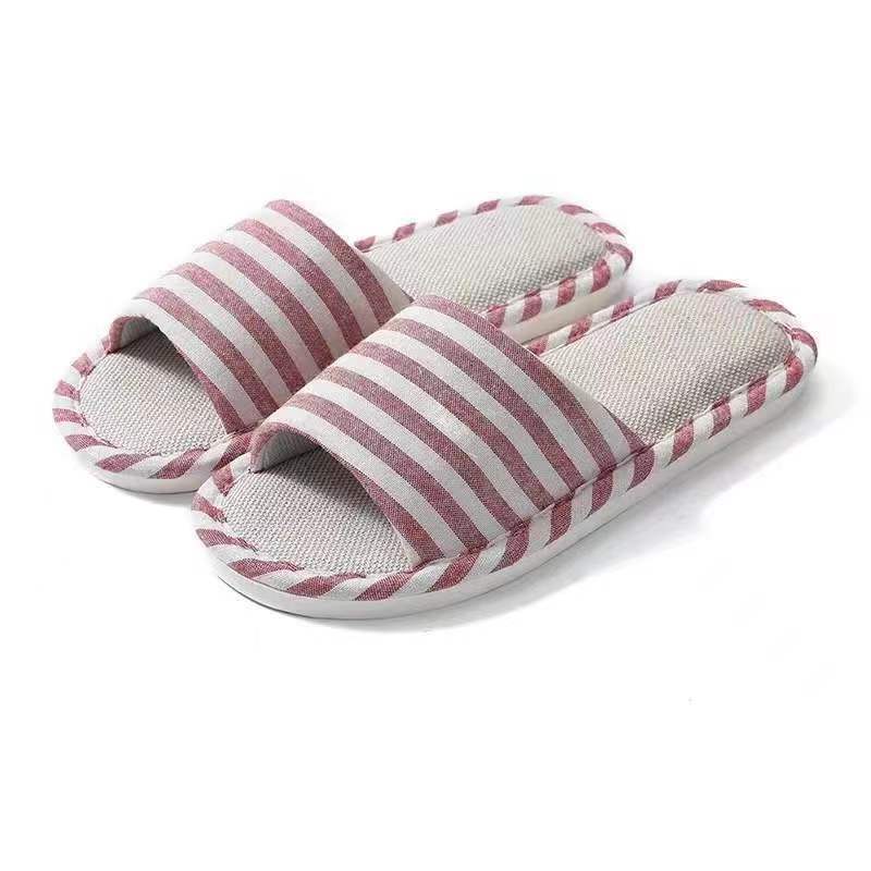 Men and Women Four Seasons Linen Thick-soled Slippers Couple Horizontal Stripes Simple Home Bedroom Slippers Floor Confinement Shoes