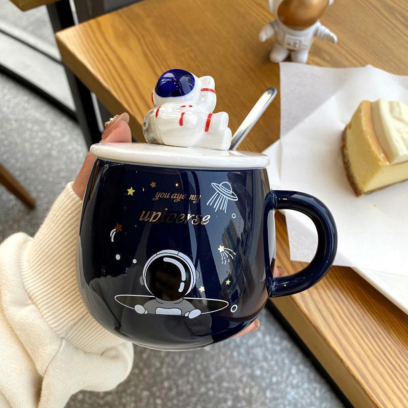 Starry Sky Mug with Lid Spoon Astronaut Ceramic Cup Nordic Male and Female Students Milk Coffee Cup Couple Cup