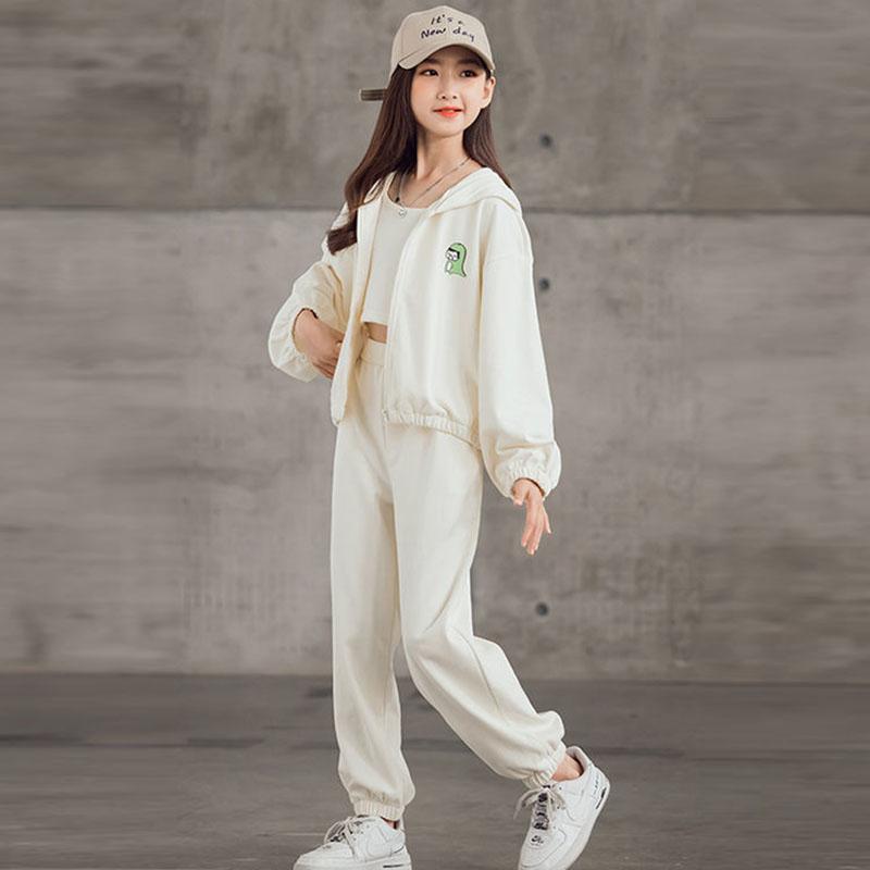 Girls Spring and Autumn Suits, Children's Solid Color Loose Suits, Sports Suits, Three-piece Casual Sets