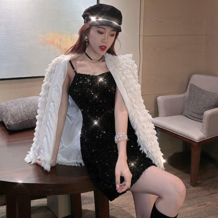 Women's Summer Open Back Solid Color Slim Fit Flash Sequin Suspender Hip Wrap Short Dress