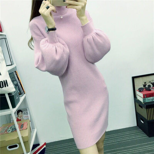 Autumn and Winter High Neck Pullover Lantern Sleeve Sweater Dress Slim  Long Knit Sweater