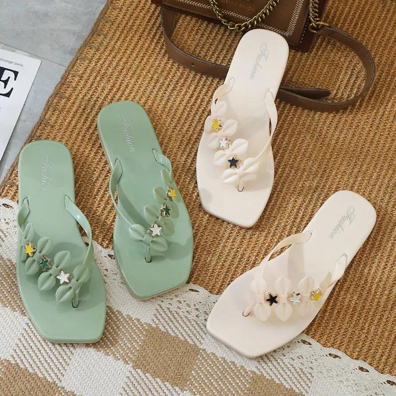 Square Head Flip-flops Girls Summer New Daily Wear Non-slip Seaside Beach Shoes Elegant Women's Flip Flops