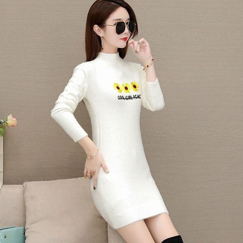 Autumn and Winter Mohair Knitted Sweater Half High Neck Thick Loose Bottoming Shirt Mid-length Casual Women Sweater Dress