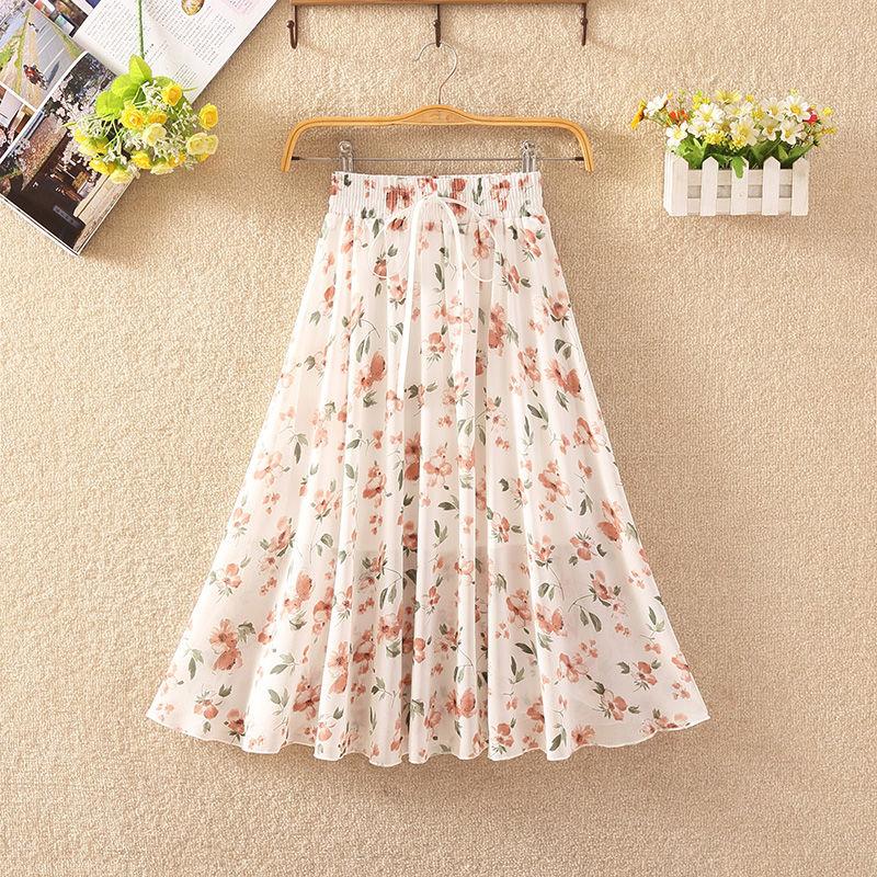 Elastic Waist Pleated Floral Skirt Summer Women's High Waist Mid-length A-line Draping Chiffon Fairy Dress