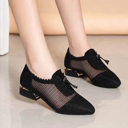 Women's Black Leather Sandals Summer Mesh Hollow Lace-up Low-heeled Thick-heeled Pointed Mother Single Shoes Sandals Women