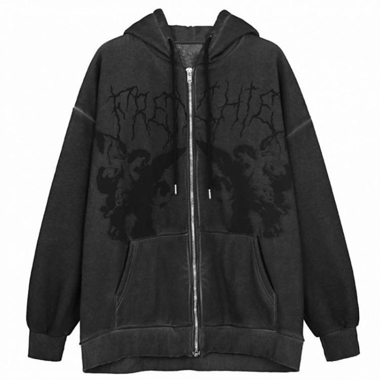 Plus Size Y2K Hoodie Zip-up Sweatshirt Angel Printing Jacket Loose Long Sleeve Pockets Streetwear Hip Hop Men Women Coat Pullover Sweatshirt