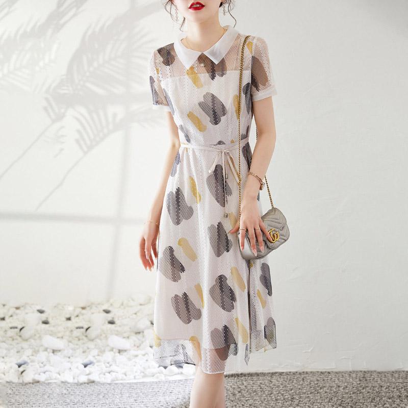 Summer Fashion Women 3/4 Sleeves Floral Printed Beach Dresses O-neck Organza Prom Party Dress