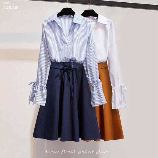 Pofulove Spring Women Thin Long Sleeve V-Neck Striped Shirt Chiffon Shirt+Skirt Dress Two Piece Suit