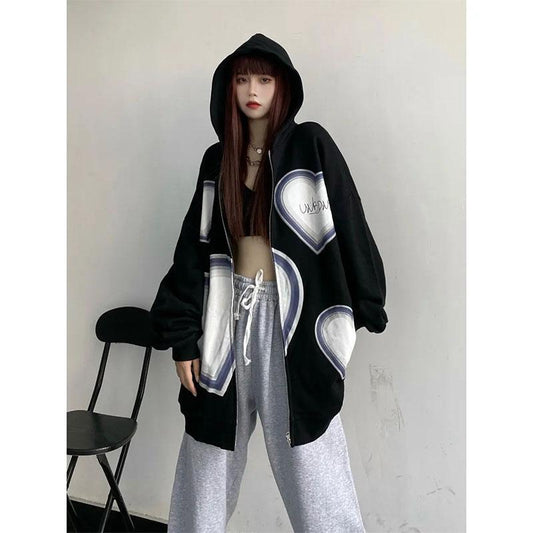 Love Print Loose Hooded Sweater Ladies Cardigan Zipper Jacket Men and Women Spring and Summer Casual Loose Loose Thin Coat Dark Style Top