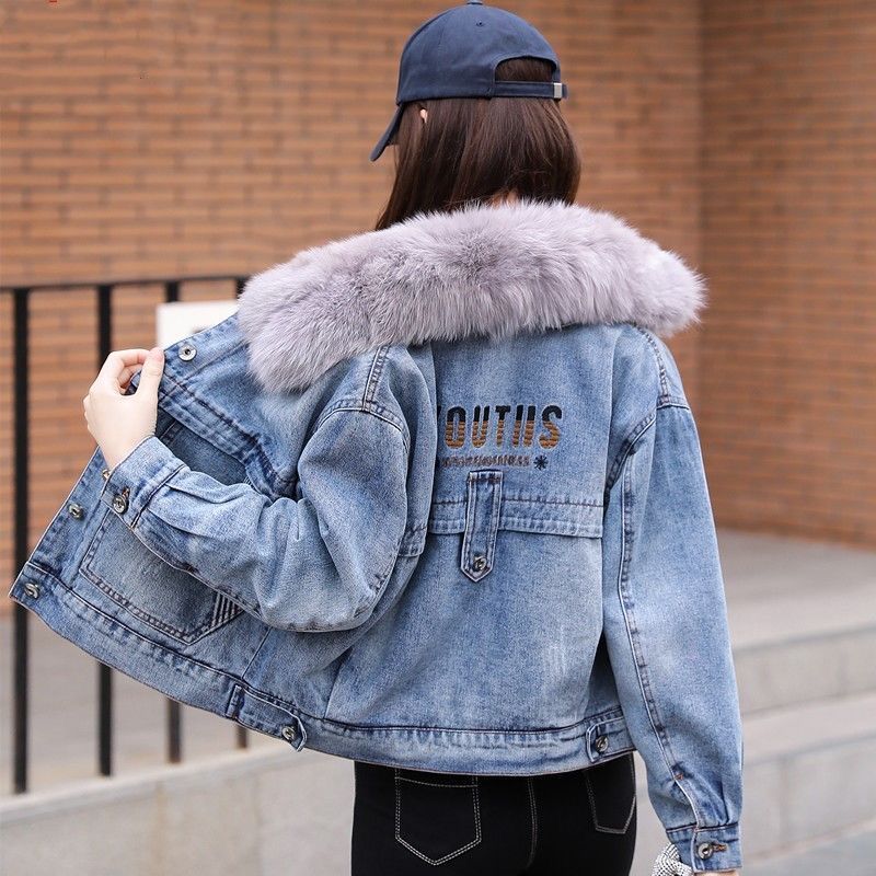 Thickened Denim Jacket Women's Short Fall Winter 2021 New Korean Version of The Bf Small Man Plus Velvet Warm Cotton Coat