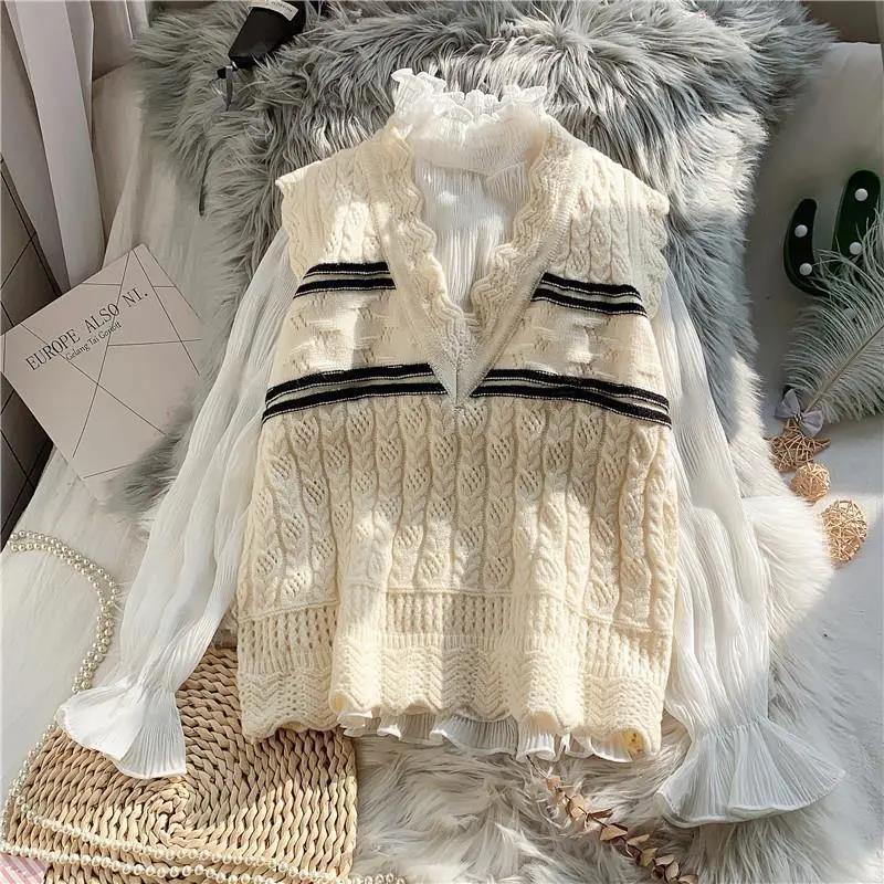 One-piece Knitted Vest Women's Loose Waistcoat Lace V-neck Sleeveless Sweater Outer Jacket Ladies Gentle Wind Sleeveless Sweater