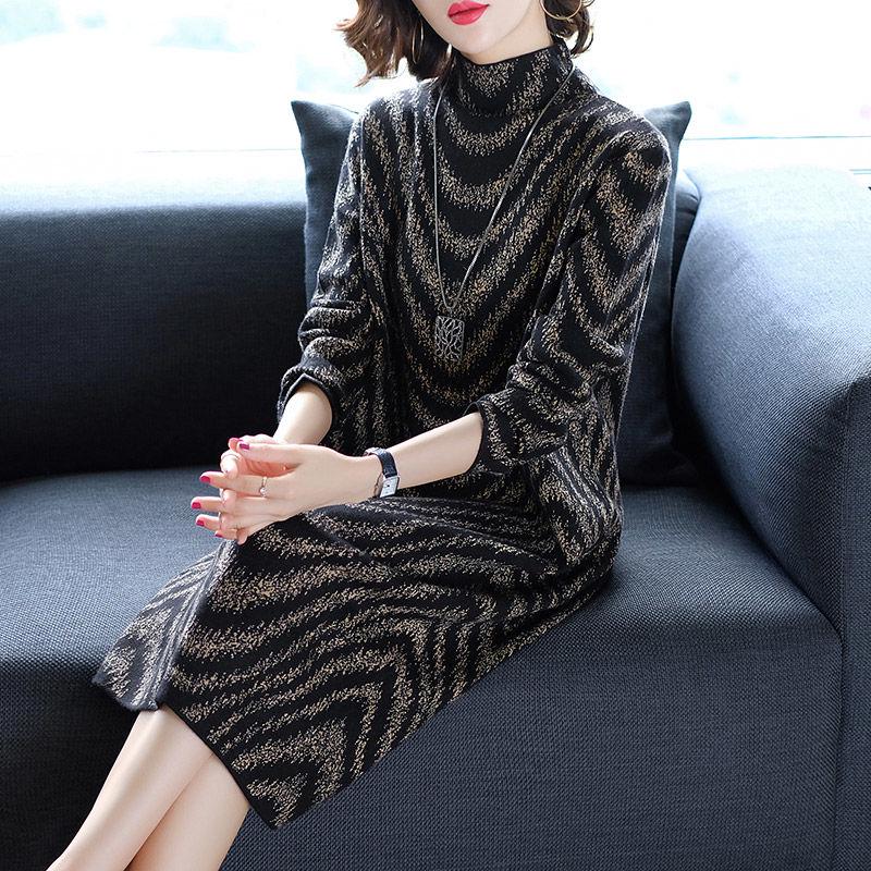 Large Size Loose Knit Dress Women Autumn Winter Slim Thickening Warm Turtleneck Sweater Dress Long Striped Bottoming Pullover Sweater