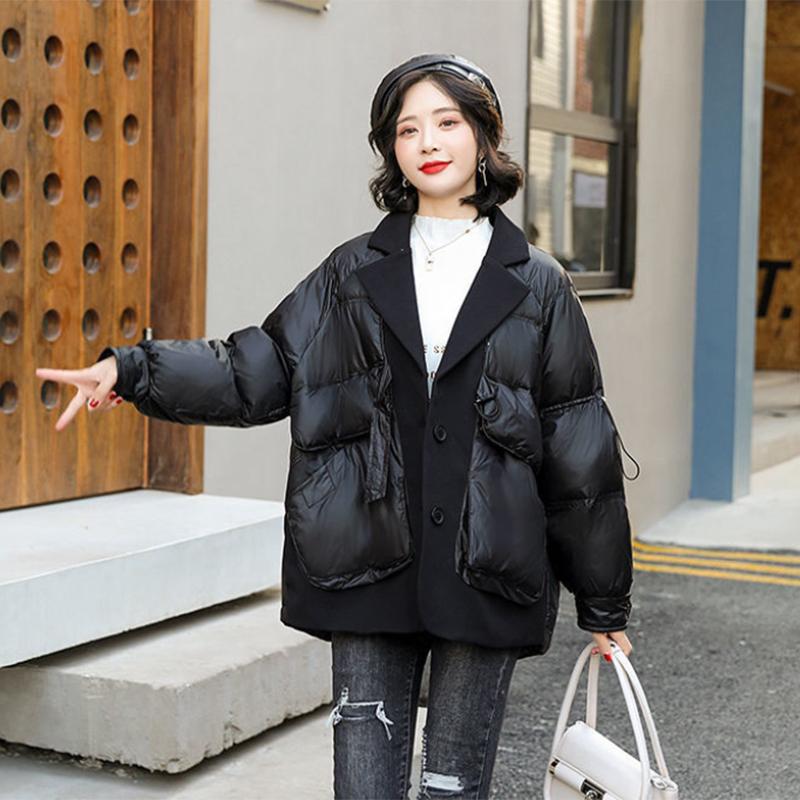 Women's Solid Color Mid-length Down Jacket Winter Korean Loose Coat Warm Suit Collar Down Jacket Quilted Jacket