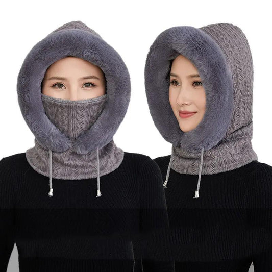 Women's Hat Plus Velvet Thick Warm Windproof Hood Ear Neck Protection Knitted Hat Woolen Cap Winter One-piece Cap Scarf Set