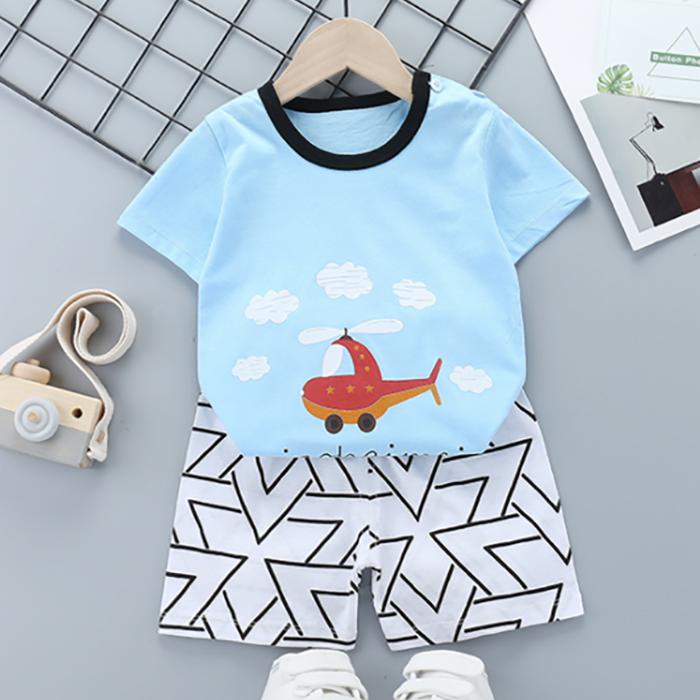 Children's Short Sleeve Suit Korean Style Boys and Girls Set Printing T-shirt + Shorts Two Piece Set