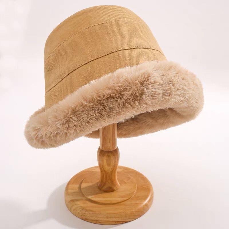 Women's Autumn and Winter Thick Plush Warm Fisherman Hat Cold Proof Windproof Ear Cup Hat Winter Curled Big Head Hat Fluffy Plush Top Cap Basin Hat