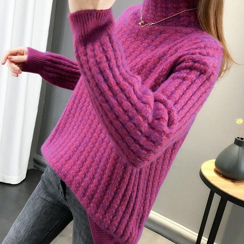 Sweater Women's Half Turtleneck Pullover Knitwear Korean Style Loose Fluffy Trending Sweater Autumn and Winter Purple Sweaters