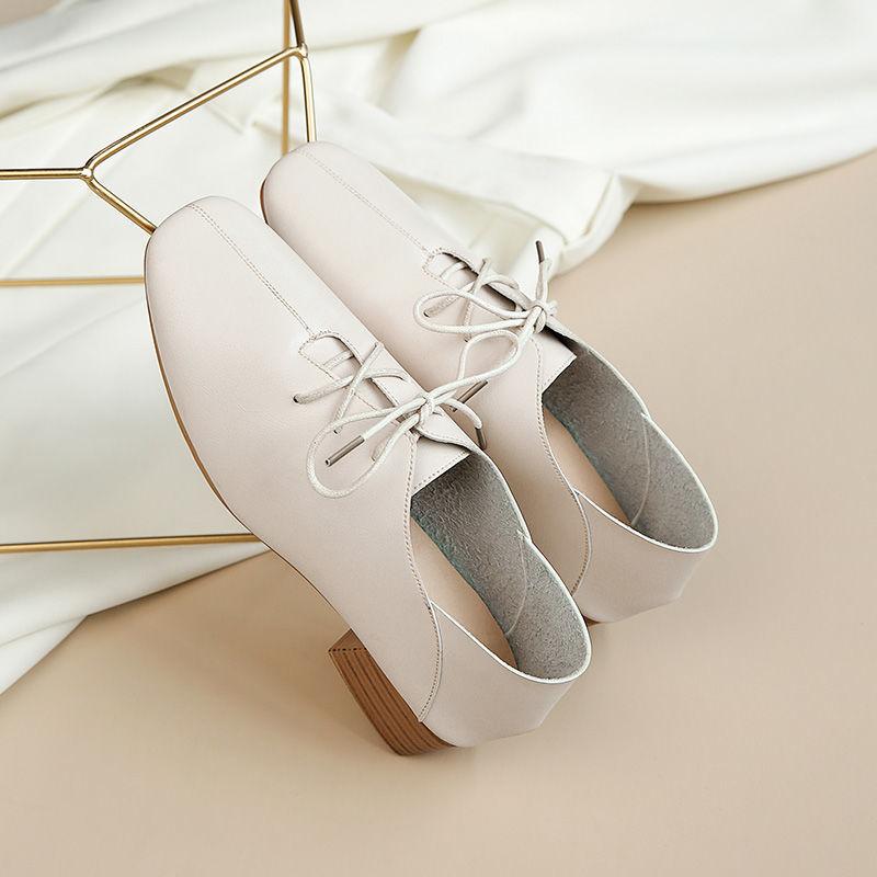 Soft Leather Single Shoes Women All-match Retro Mid-heel Shoes Thick Heel Soft Sole Pedal Casual Work Shoes Mid-heel Leather Shoes Women