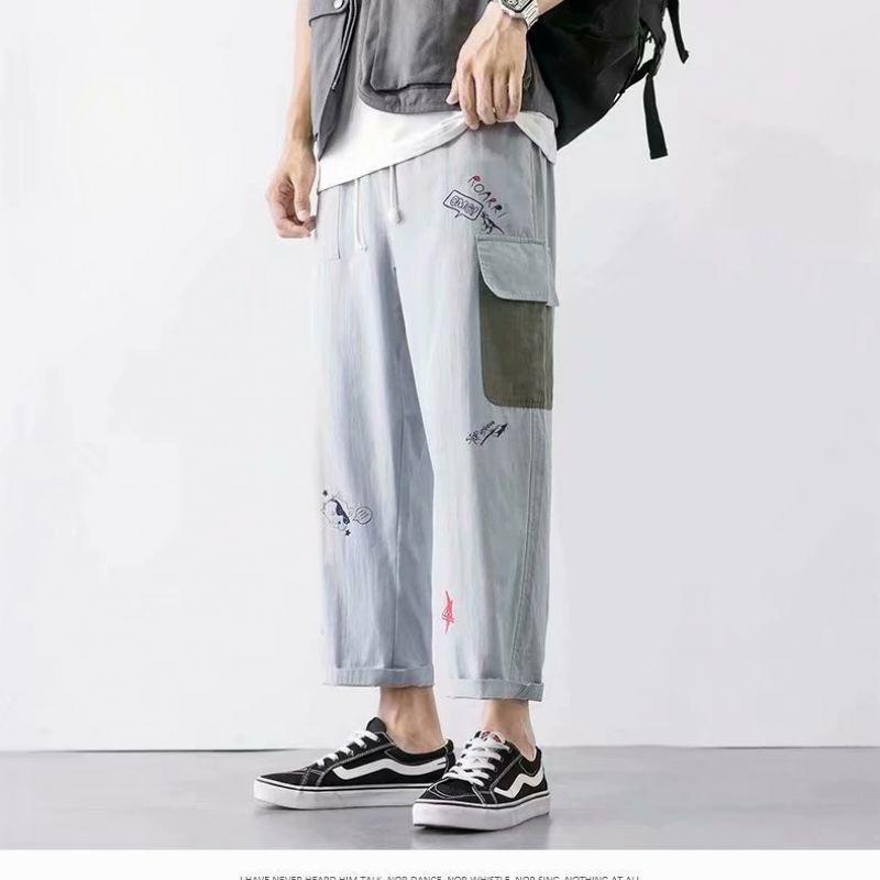 Summer Graffiti Overalls Men's Loose Straight-leg Students All-match Nine-point Salt Wide-leg Pants