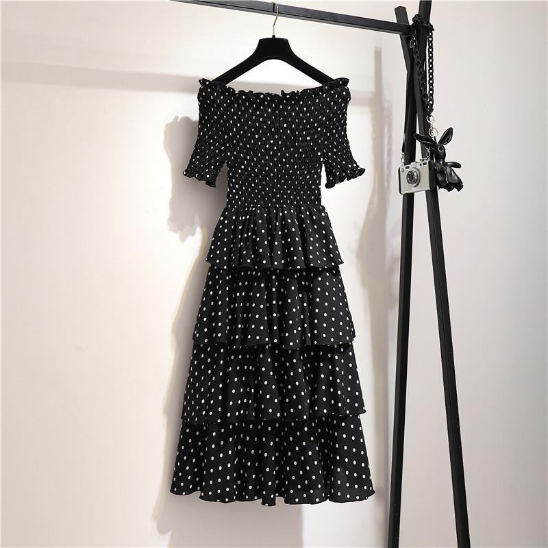 Plus Size Polka Dot Layered Dress Slash Neck Off-shoulder Party Evening Dress Summer