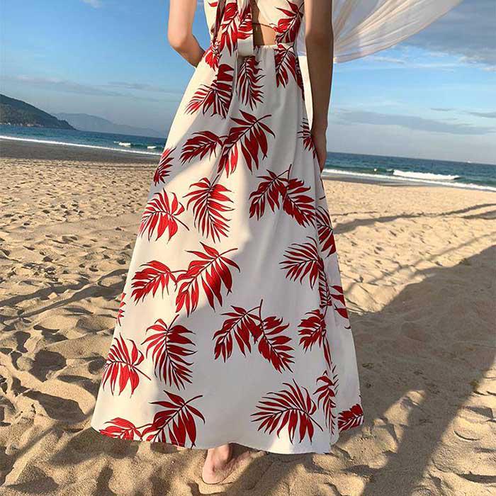 Pofulove Summer Women Red Leaf Sexy Dress Bohemia Sun-dresses Sleeveless Below Knee Beach Dresses