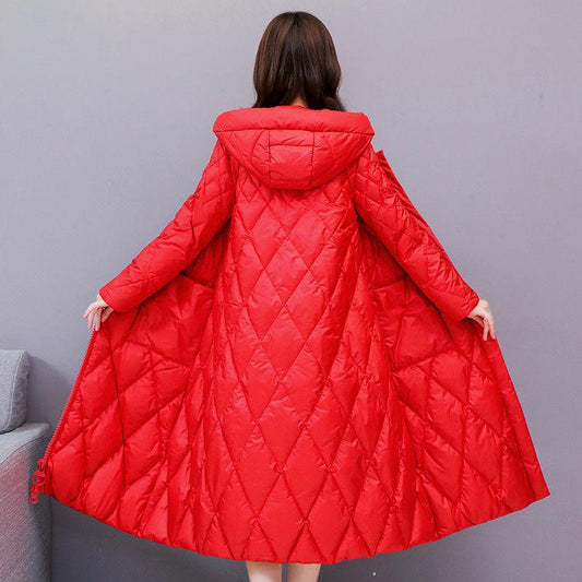 Winter Hooded Down Padded Jacket Women's Mid-length Over The Knee Winter Rhombus Red Cotton Padded Jacket Warm Jacket Loose Ladies Coat