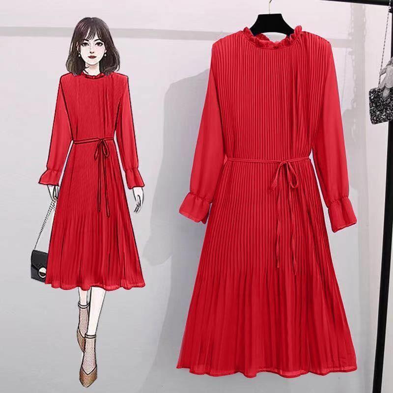 Spring Summer Women's Chiffon Skirt Large Size Medium Long Fashion Thin Pleated Dress Pure Color Long Dresses