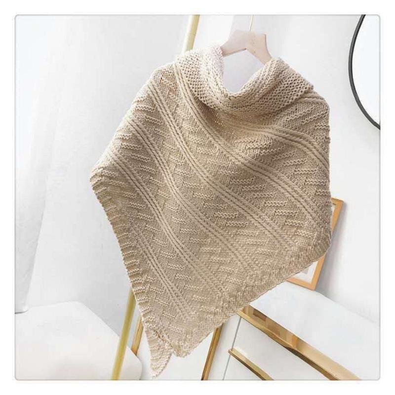 Women's Autumn Winter Knitted Leather Buckle Shawl Scarf Triangle Cloak Keep Warm All-match Solid Color Crochet Dual-use Shawl Scarf