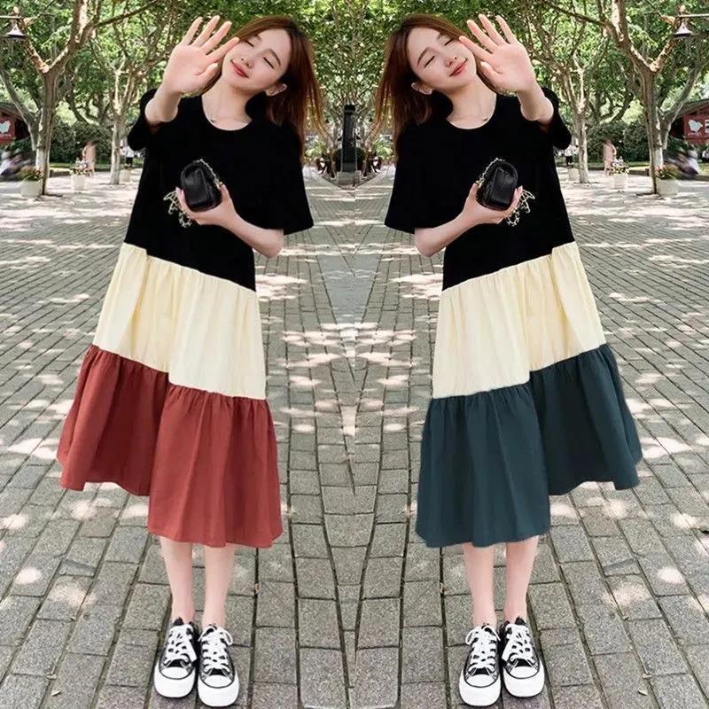 Women Vintage High Waist Large Size Holiday Dress Elegant Slim Pleated Splicing Casual Dress