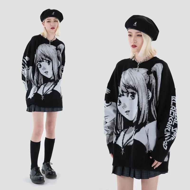 Women Hip Hop Streetwear Harajuku Sweater Vintage Retro Japanese Style Anime Girl Knitted Sweater Autumn Winter Cotton Pullover O Neck Loose Jumper