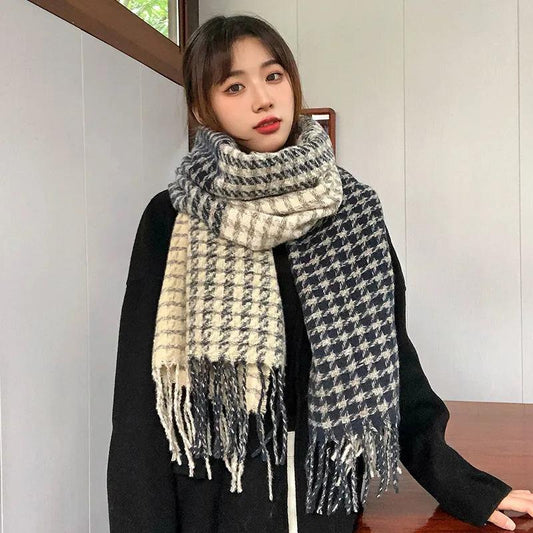 Scarf Women Winter Thicken Warm Knit Scarves Lady Plaid Tassels Fashion Long Soft Knitted Shawl Houndstooth Designe 2021 Female Scarfs