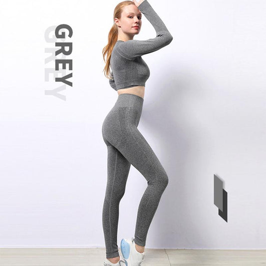 2PCS Women's Seamless Fitness Yoga Clothing Set Sports Long Sleeve Pants Set Bodybuilding Two Piece Set Tracksuit  Active Wear Athletic Clothing Sets