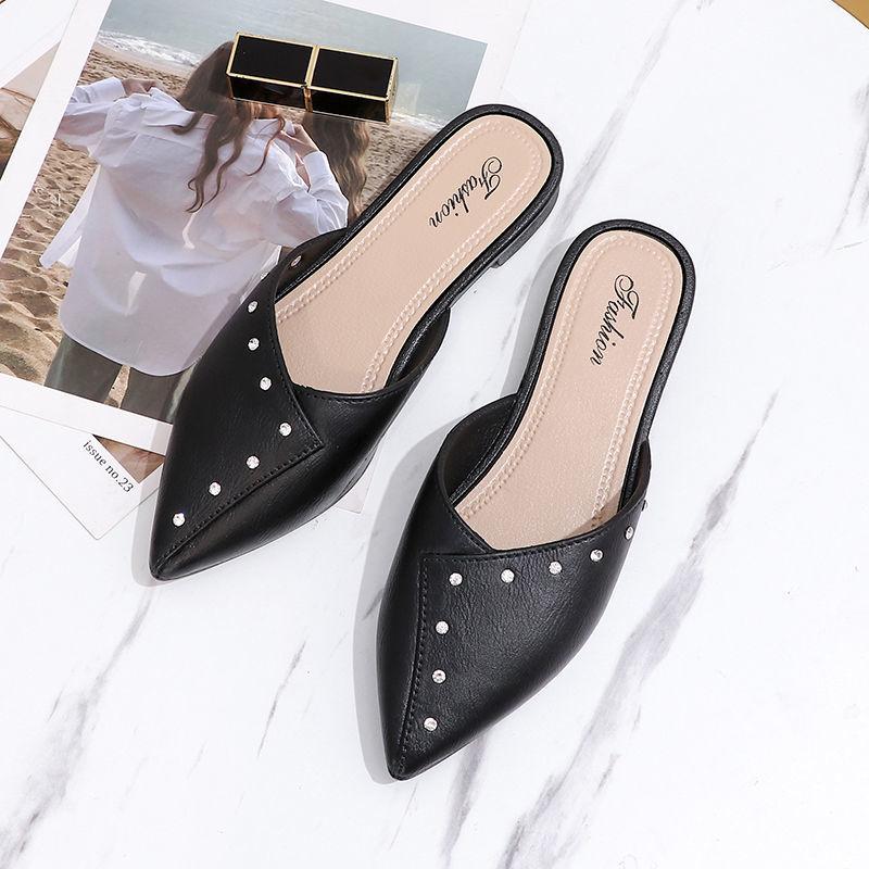 Slippers Women’s Summer Wear Half-toe Slippers Non-slip Flat-bottomed Casual Lazy Sandals and Slippers Pointed Soft-soled Leather Shoes