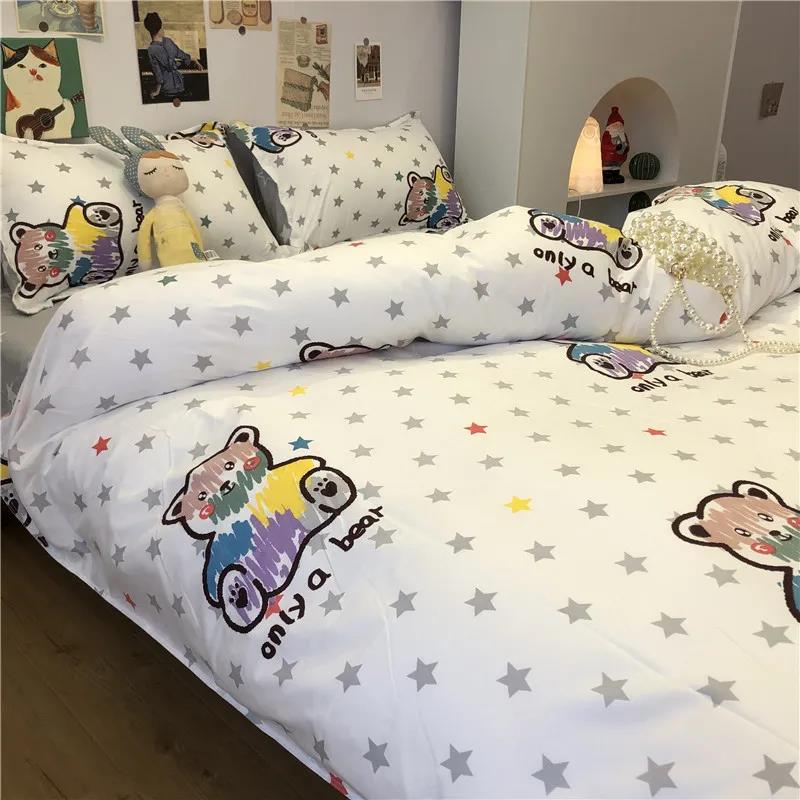 Simple Floral Cotton Bedding, Large Washed Cotton Double Bed Single Quilt Cover Four-piece Set