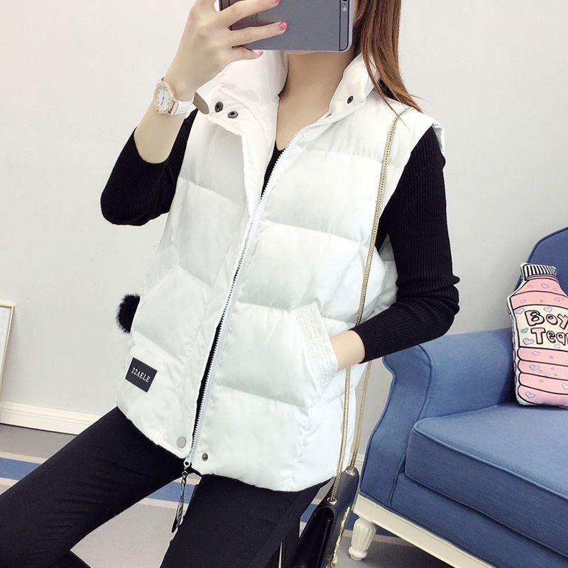 Autumn and Winter Slim Down Cotton Vest Women's Sleeveless Waistcoat Thickened Short Vest Jacket Straight Version Type Stand-up Collar Without Hood