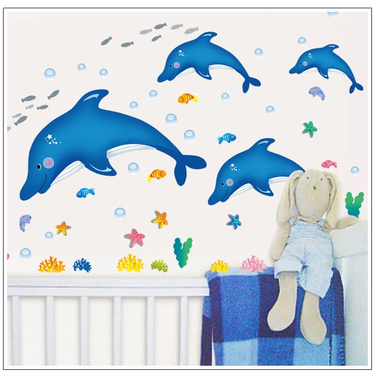 Cartoon Dolphin Wall Stickers Home Accessories Background decorative sea animal wallpaper