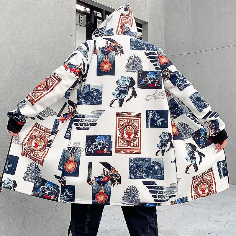 Retro Print Windbreaker Spring Hooded Top Men Casual Loose Coat Soft Comfortable Jacket Long