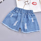 Summer Children's Tassel Pierced Girl and Boy Hole Denim Bow Shorts Korean Style Button Denim Pants