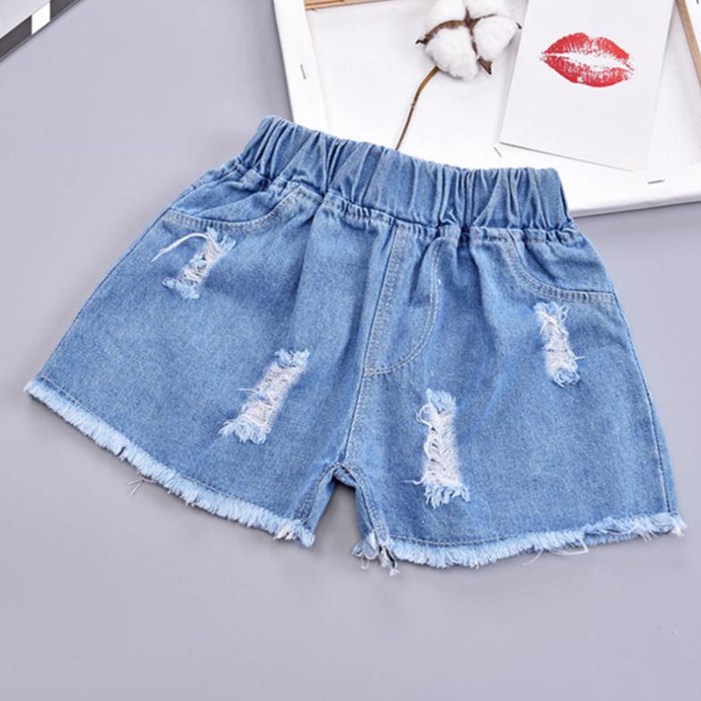 Summer Children's Tassel Pierced Girl and Boy Hole Denim Bow Shorts Korean Style Button Denim Pants