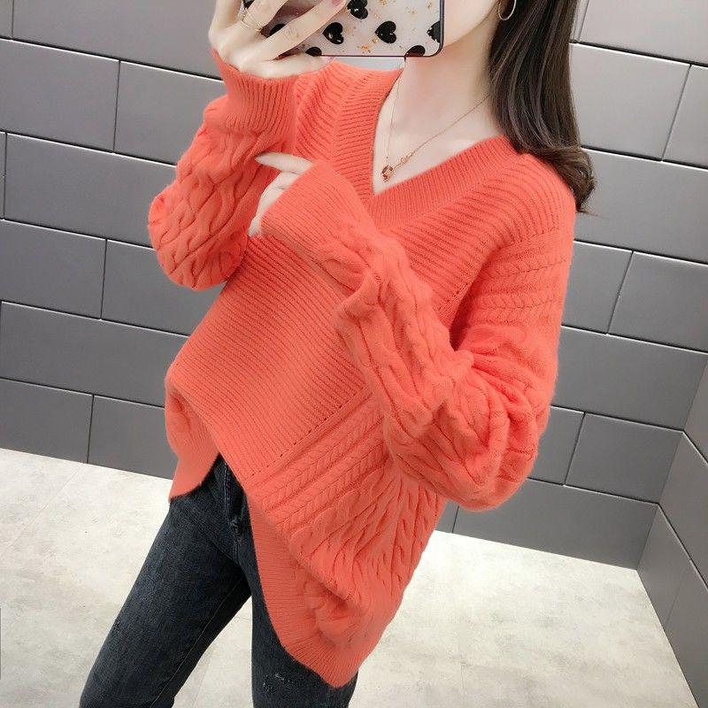 Solid Color Batwing Sleeve V-neck Sweater Autumn and Winter Loose Mid-length Bottoming Shirt